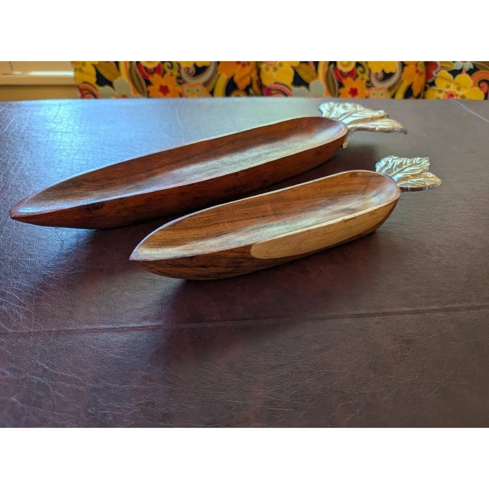 2x Hand Carved in India Wooden and Pewter Stacking Carrots Serving Tray (Pier 1)